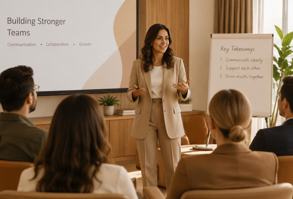 Advogada apresentando treinamento para plateia